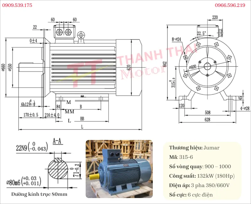 Bản vẽ và thông số kỹ thuật động cơ điện 3 pha 132kW 180Hp 6 cực