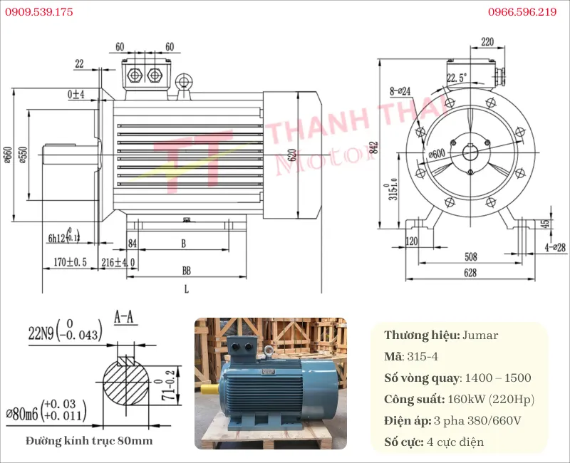Bản vẽ và thông số kỹ thuật động cơ điện 3 pha 160kw 220hp 4 cực