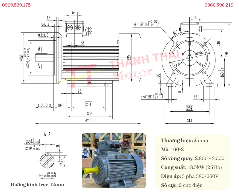 Bản vẽ và thông số kỹ thuật động cơ điện 3 pha 18.5kW 25Hp 2 cực