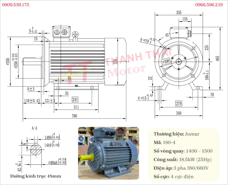 Bản vẽ và thông số kỹ thuật động cơ điện 3 pha 18.5kW 25Hp 4 cực
