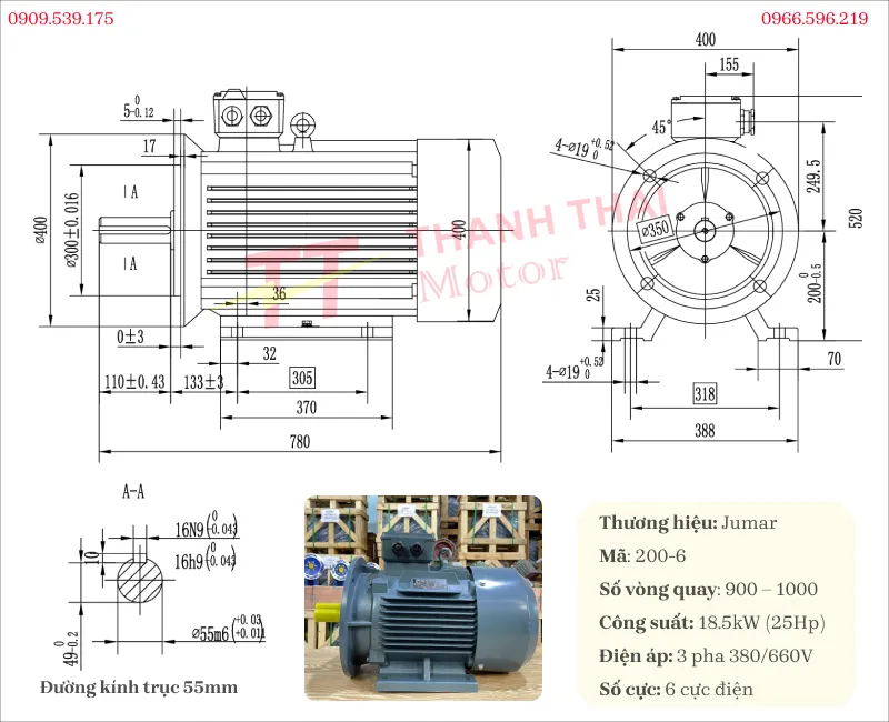 Bản vẽ và thông số kỹ thuật động cơ điện 3 pha 18.5kW 25Hp 6 cực