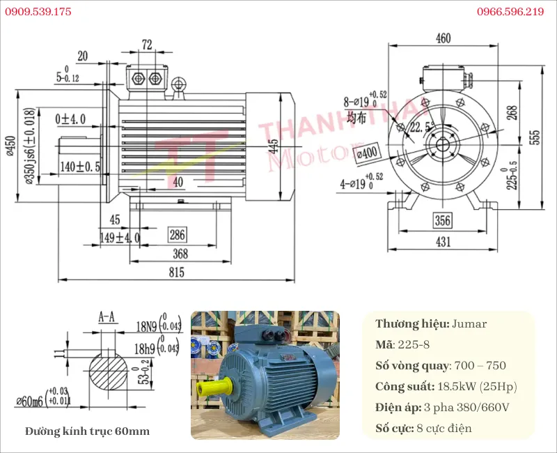 Bản vẽ và thông số kỹ thuật động cơ điện 3 pha 18.5kW 25Hp 8 cực