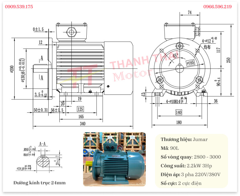 Bản vẽ và thông số kỹ thuật động cơ điện 3 pha 2.2kW 3Hp 2 cực điện