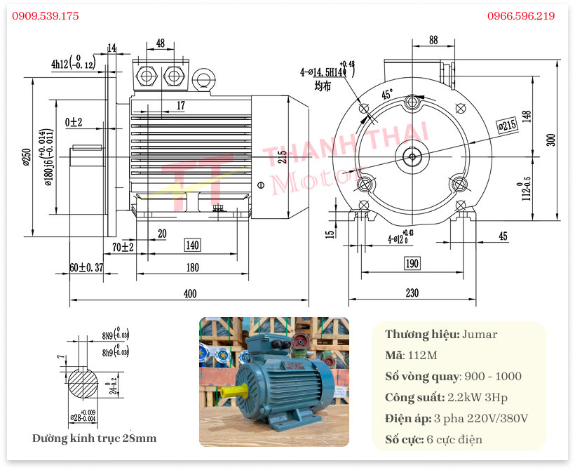 Bản vẽ và thông số kỹ thuật động cơ điện 3 pha 2.2kW 3Hp 6 cực điện