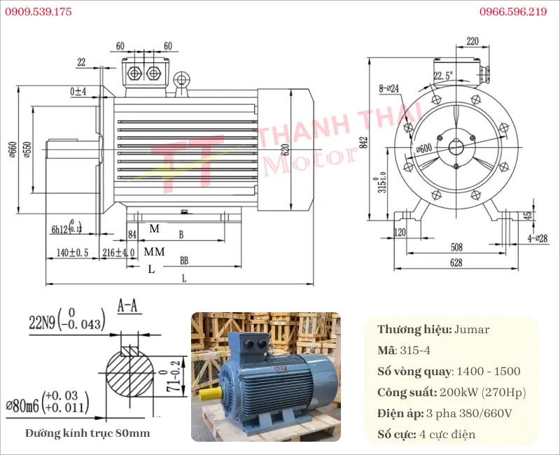 Bản vẽ và thông số kỹ thuật động cơ điện 3 pha 200kw 270hp 4 cực