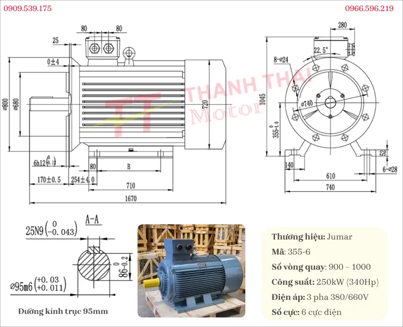 Drawing and technical specifications of the 3-phase 250kw 340hp 6-pole electric motor