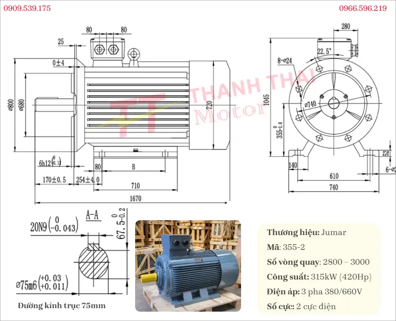 Bản vẽ và thông số kỹ thuật động cơ điện 3 pha 315kw 420Hp 2 cực