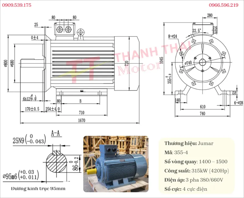 Bản vẽ và thông số kỹ thuật động cơ điện 3 pha 315kw 420Hp 4 cực