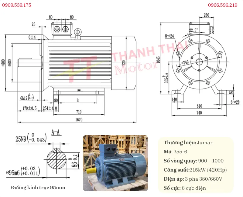 Bản vẽ và thông số kỹ thuật động cơ điện 3 pha 315kw 420Hp 6 cực