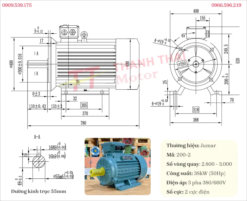 Bản vẽ và thông số kỹ thuật động cơ điện 3 pha 38kW 50Hp 2 cực