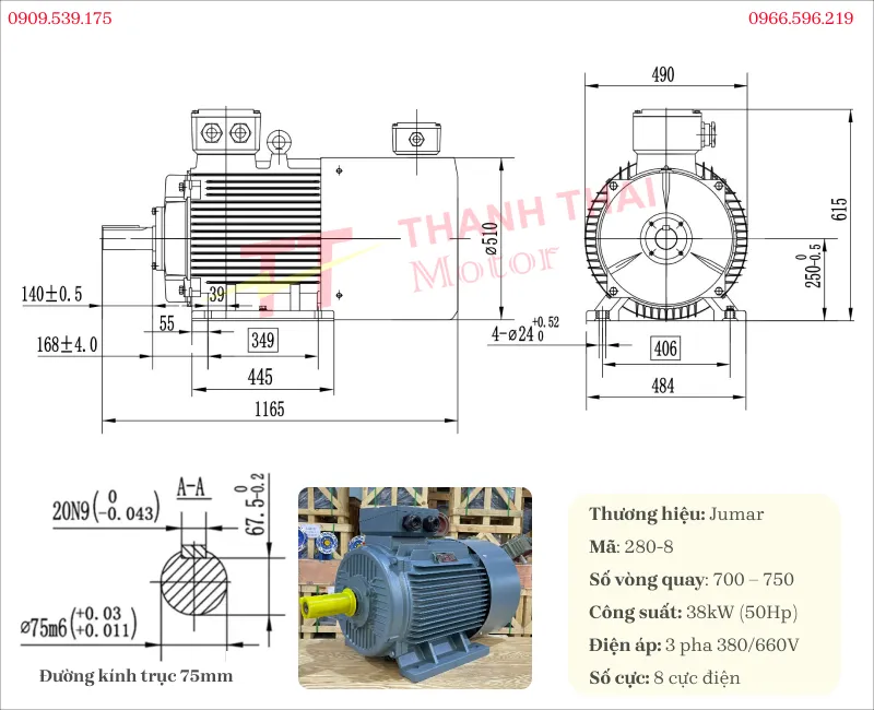 Bản vẽ và thông số kỹ thuật động cơ điện 3 pha 38kW 50Hp 8 cực