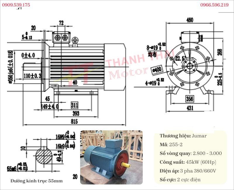 Bản vẽ và thông số kỹ thuật động cơ điện 3 pha 45kW 60Hp 2 cực