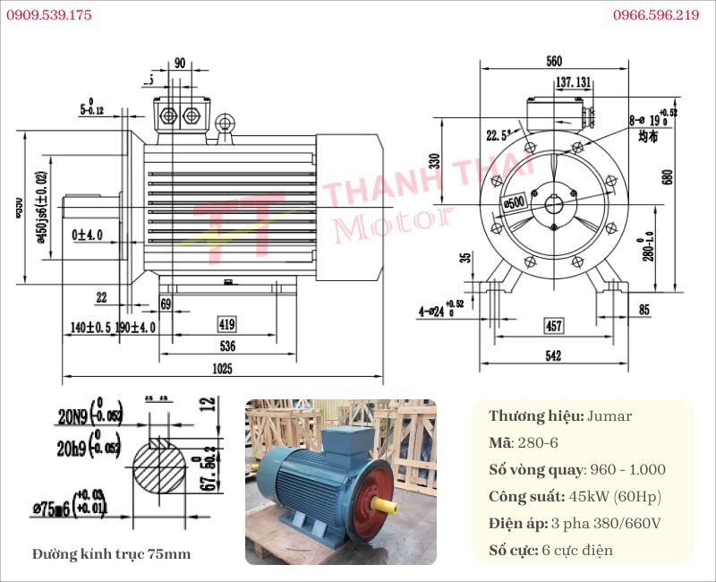 Bản vẽ và thông số kỹ thuật động cơ điện 3 pha 45kW 60Hp 6 cực