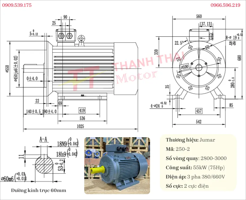 Bản vẽ và thông số kỹ thuật động cơ điện 3 pha 55kW 75Hp 2 cực