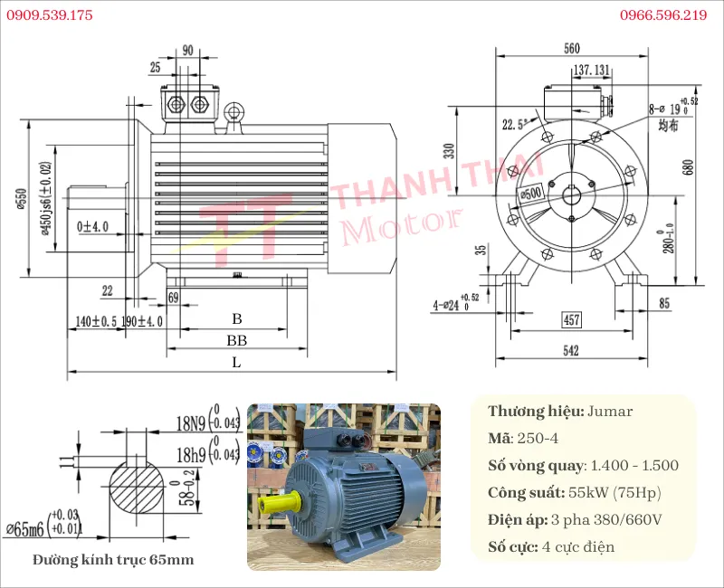 Bản vẽ và thông số kỹ thuật động cơ điện 3 pha 55kW 75Hp 4 cực