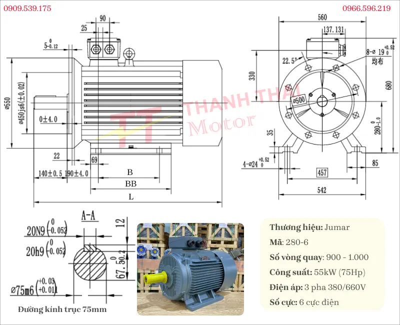 Bản vẽ và thông số kỹ thuật động cơ điện 3 pha 55kW 75Hp 6 cực
