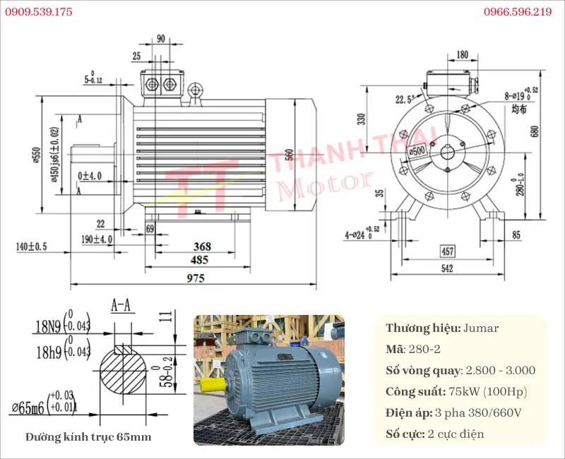 Bản vẽ và thông số kỹ thuật động cơ điện 3 pha 75kW 100Hp 2 cực