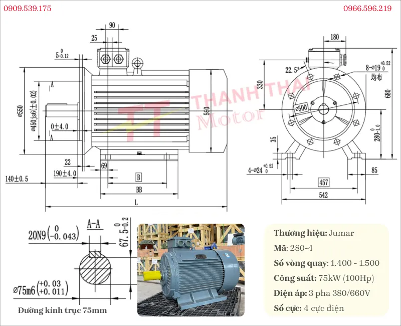 Bản vẽ và thông số kỹ thuật động cơ điện 3 pha 75kW 100Hp 4 cực