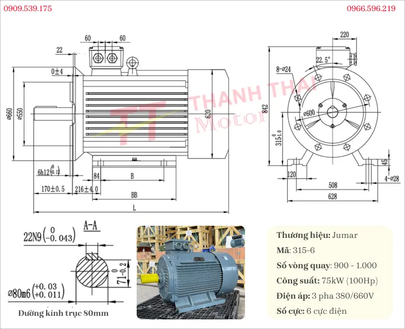 Bản vẽ và thông số kỹ thuật động cơ điện 3 pha 75kW 100Hp 6 cực