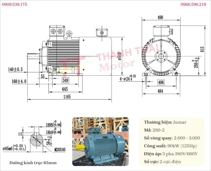 Bản vẽ và thông số kỹ thuật động cơ điện 3 pha 90kW 125Hp 2 cực