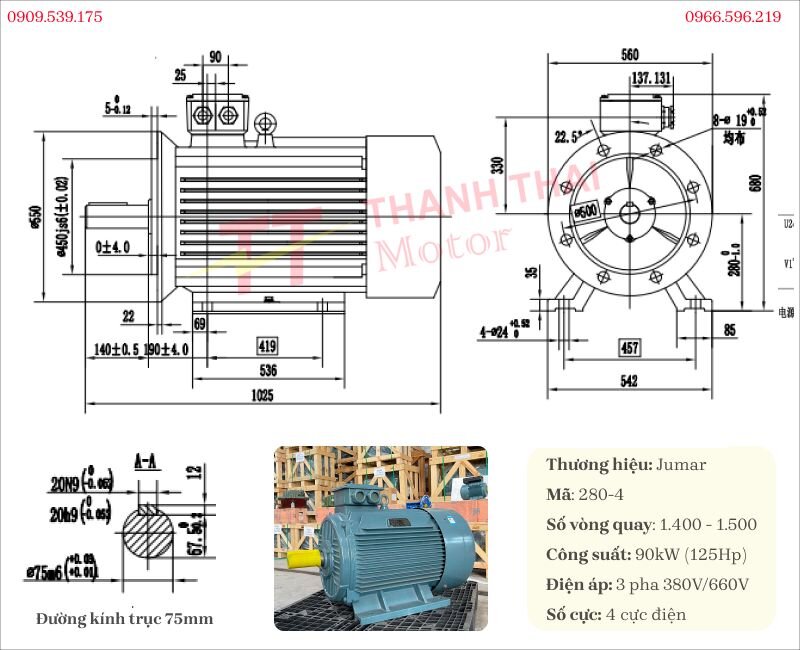 Bản vẽ và thông số kỹ thuật động cơ điện 3 pha 90kW 125Hp 4 cực