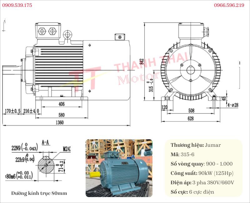 Bản vẽ và thông số kỹ thuật động cơ điện 3 pha 90kW 125Hp 6 cực