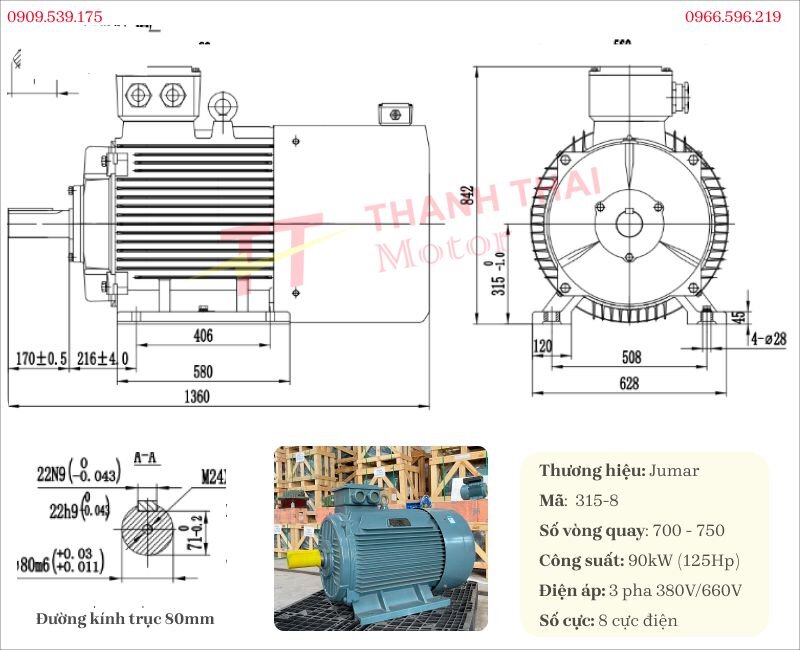 Bản vẽ và thông số kỹ thuật động cơ điện 3 pha 90kW 125Hp 8 cực
