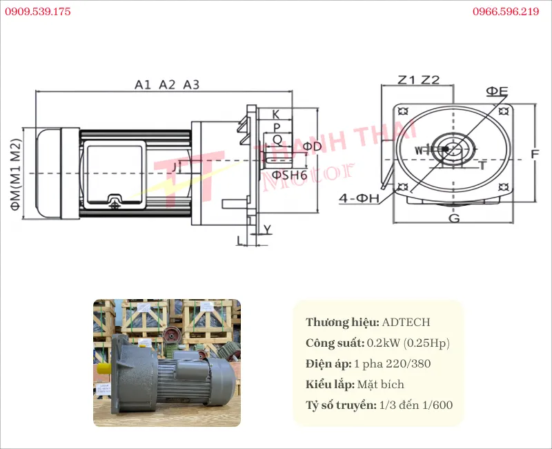 Bản vẽ và thông số kỹ thuật motor giảm tốc 1 pha 0.2kW 0.25Hp mặt bích