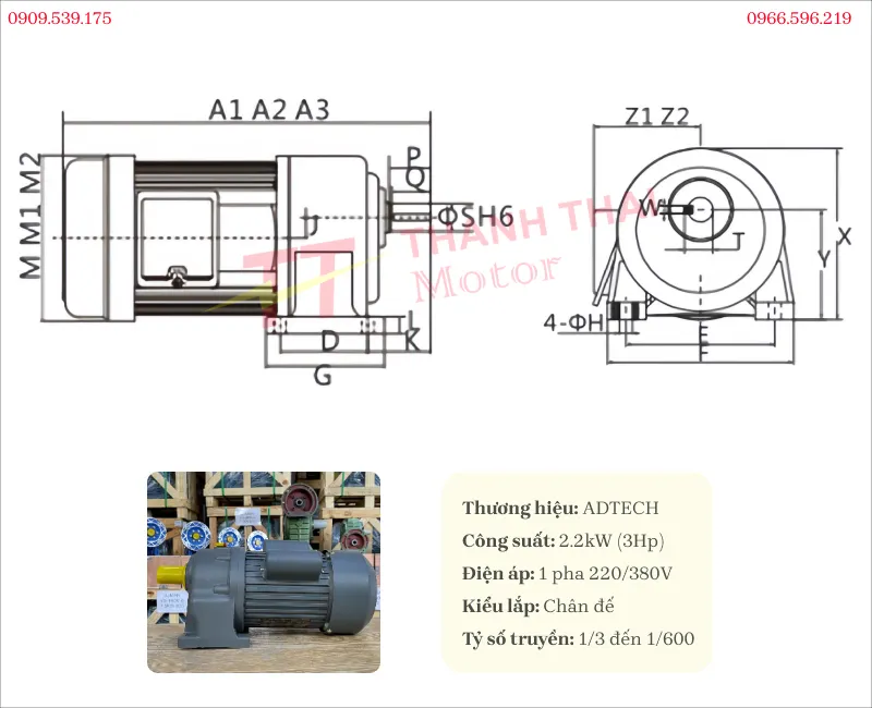 Bản vẽ và thông số kỹ thuật motor giảm tốc 1 pha 2.2kW 3Hp chân đế