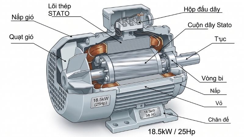 Cấu tạo bên trong động cơ điện 3 pha 18.5kW 25Hp