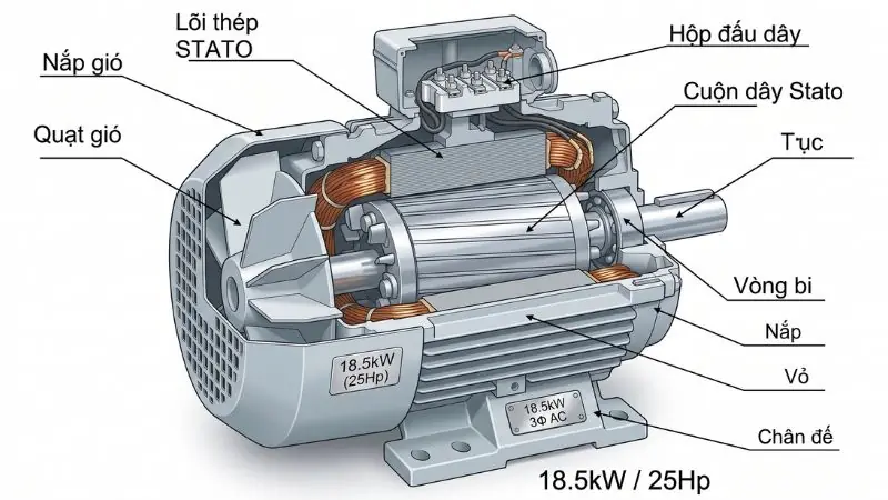 Cấu tạo bên trong động cơ điện 3 pha 18.5kW 25Hp