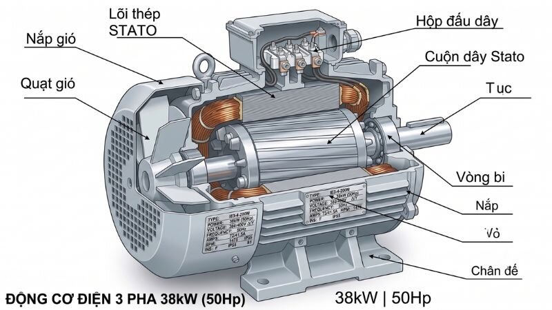 Cấu tạo bên trong động cơ điện 3 pha 38kW 50Hp