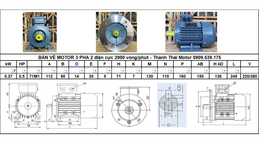 Động cơ điện 3 pha 0.37kw 0.5hp 2 cực điện