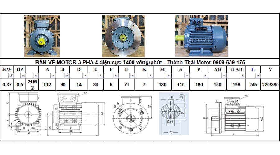 Động cơ điện 3 Pha 0.37kw 0.5hp 4 cực điện