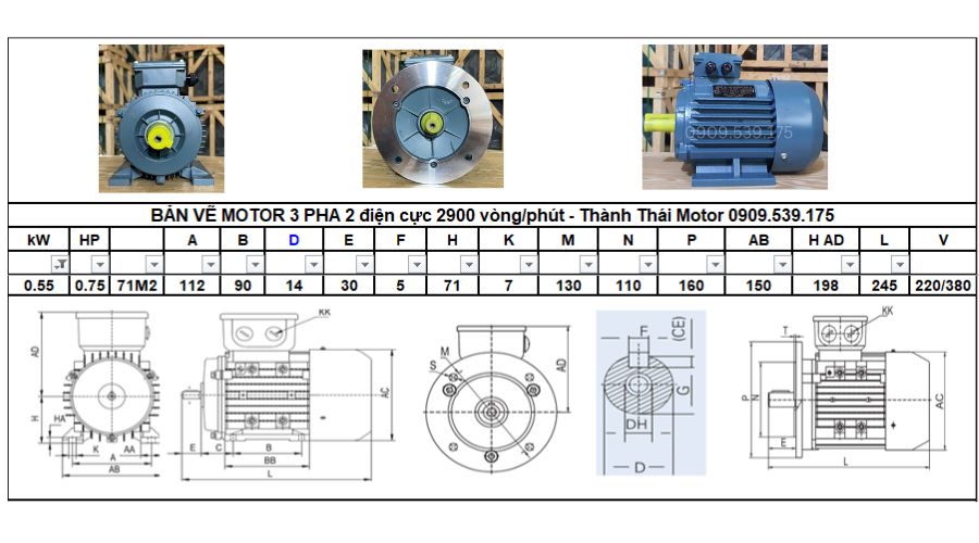 Động cơ điện 3 pha 0.55kw 0.75hp 2 cực điện