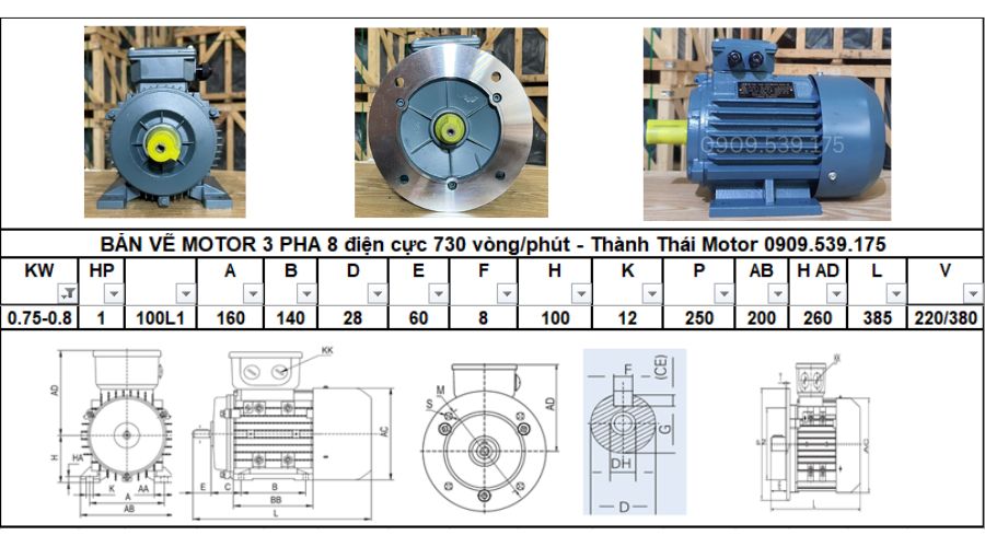 Động cơ điện 3 pha 0.75kw 1hp 8 cực điện