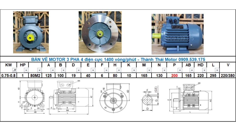 Động cơ điện 3 Pha 0.8kw 1hp 4 cực điện