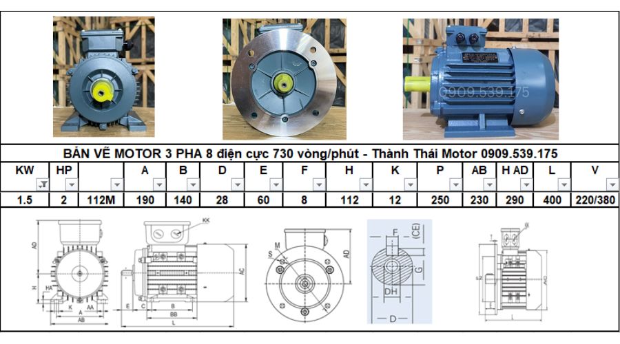 Động cơ điện 3 pha 1.5kw 2hp 8 cực điện