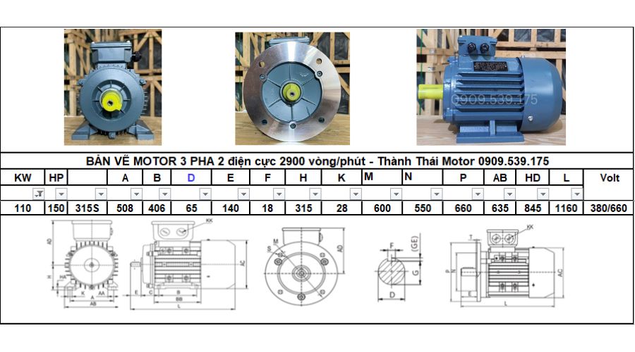 Động cơ điện 3 pha 110kw 150hp 2 cực điện