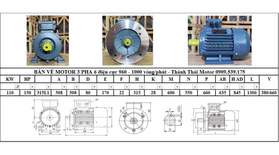 Động cơ điện 3 pha 110kw 150hp  6 cực điện