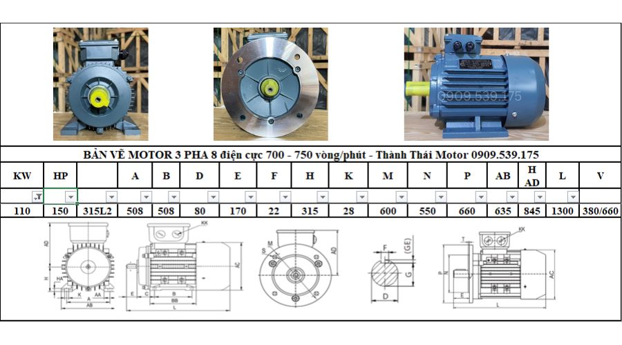 Động cơ điện 3 pha 110kw 150hp  8 cực điện