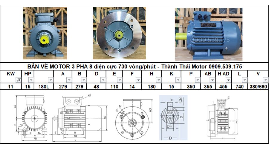 Động cơ điện 3 pha 11kW 15Hp 8 cực điện