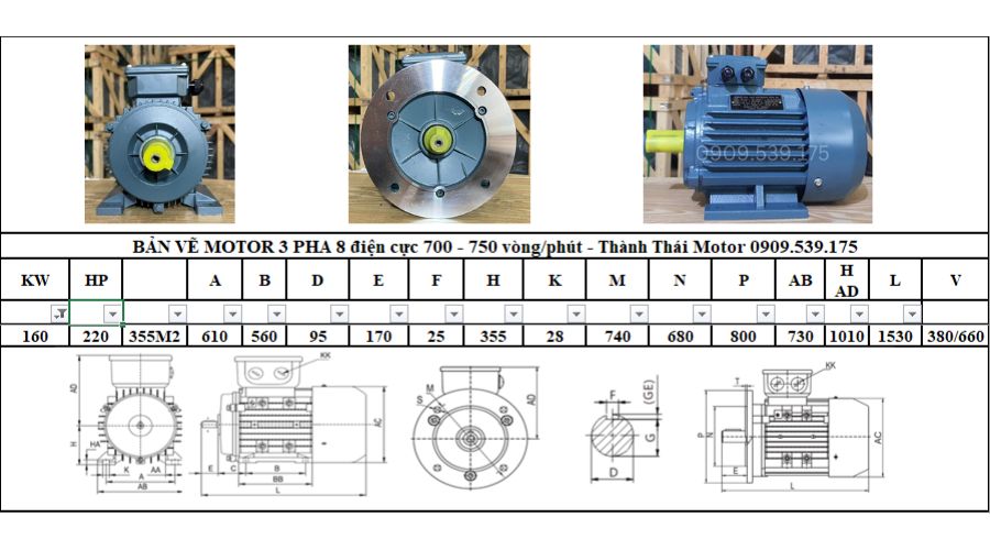 Động cơ điện 3 pha 160kw 220hp 8 cực điện