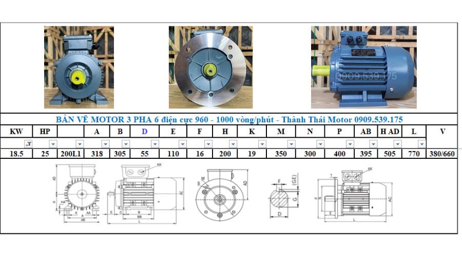 Động cơ điện 3 pha 18.5kw 25hp 6 cực điện