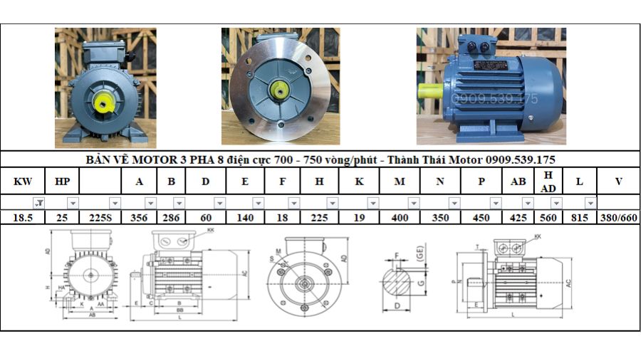 Động cơ điện 3 pha 18.5kw 25hp 8 cực điện