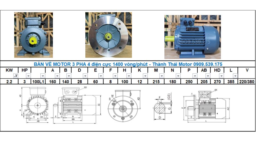 Động cơ điện 3 Pha 2.2kw 3hp 4 cực điện