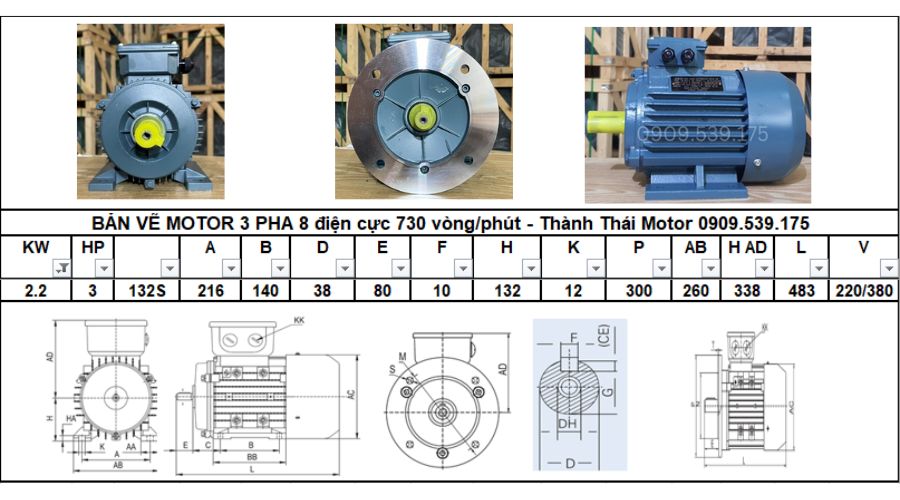 Động cơ điện 3 pha 2.2kw 3hp 8 cực điện