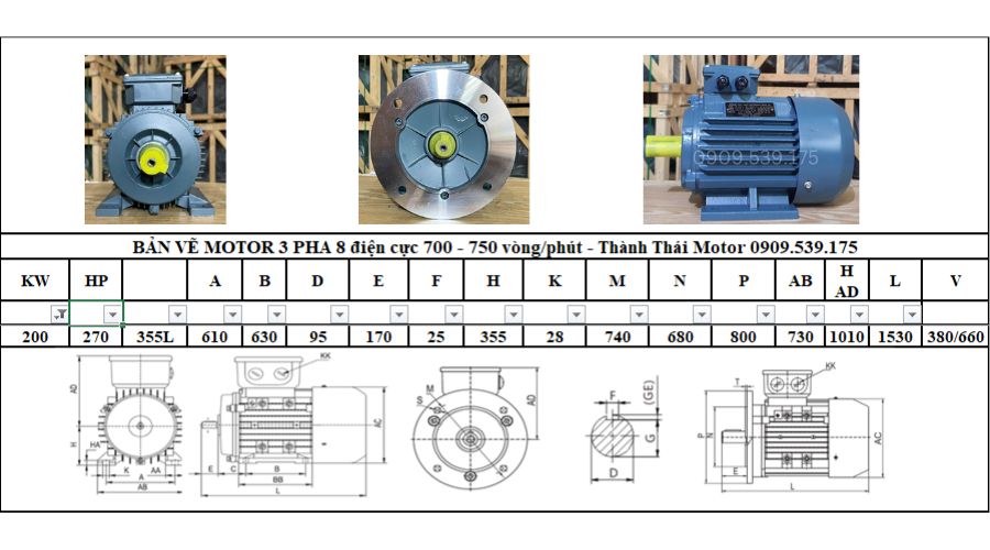 Động cơ điện 3 pha 200kw 270hp 8 cực điện