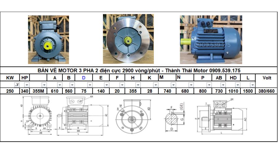 Động cơ điện 3 pha 250kw 340hp 2 cực điện