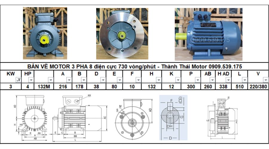 Động cơ điện 3 pha 3kw 4hp 8 cực điện